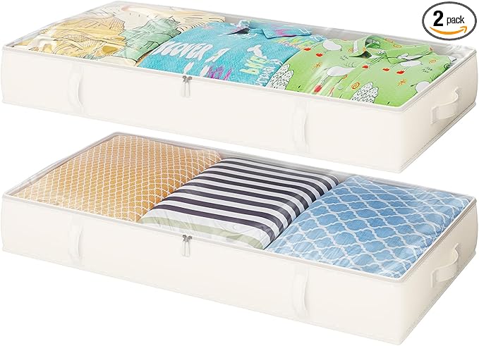 TidyCorner 2-Pack Under Bed Storage, 6 Inches Tall Closet Organizers and Storage Bins with Sturdy Sidewalls/Bottom/4 Handles, Beige