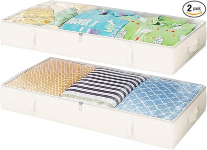 TidyCorner 2-Pack Under Bed Storage, 6 Inches Tall Closet Organizers and Storage Bins with Sturdy Sidewalls/Bottom/4 Handles, Beige