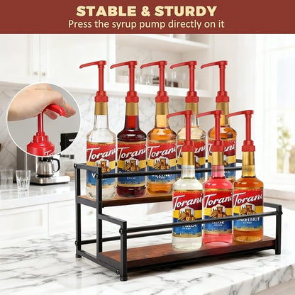 Coffee Syrup Rack Organizer - Metal Bottle Holder for 10 Bottles – Rustic Countertop Display Shelf for Coffee Bar, Kitchen Cabinet, Pantry Storage for Syrups, Liquor, Spice, Tea & Wine (2-Tier)
