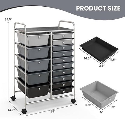 GOFLAME 15-Drawer Rolling Storage Cart, Craft Storage Cart with Removable Drawers & Lockable Wheels, Art Cart Supply Storage Organizer for Home Office Classroom, Gray Gradient