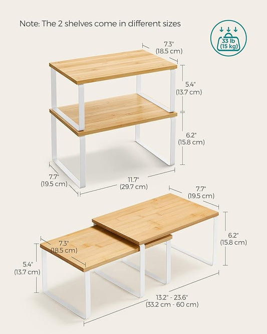 SONGMICS Cabinet Organizer Shelf, Set of 4 Kitchen Counter Shelves, Kitchen Storage, Spice Rack, Stackable, Expandable, Metal and Engineered Wood, Cloud White and Natural Beige UKCS010N01