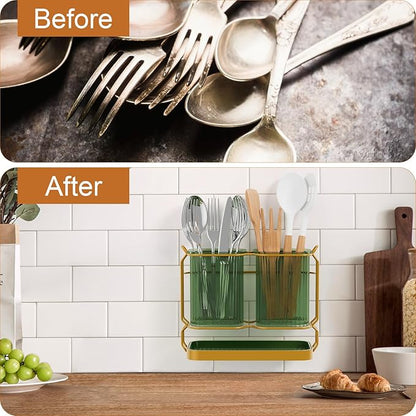 First-zgel Kitchen Utensil Holder Wall Mount, 6.7" Silverware Holder for Kitchen Countertop, Toothbrush Holders Utensil Drying Holder with Drain Tray for Silverware,Spatula (Green)