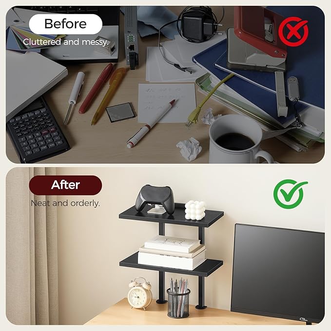 Clamp On Desk Organizer, 2-Tier Desktop Bookshelf, Adjustable Desk Storage Shelf, Metal Frame, for Office, Study and Game Room, Black DSBK3501 (Pack of 2)