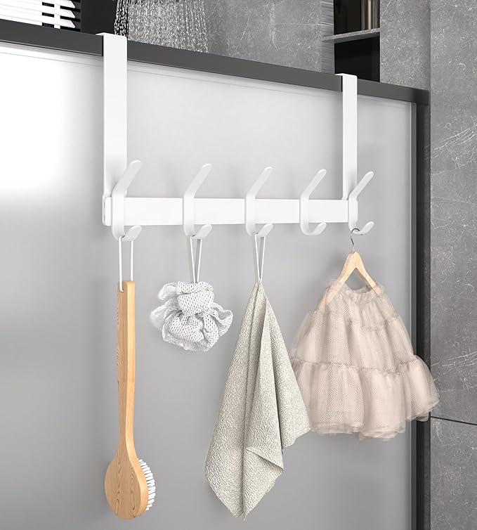 CHAUNCEY HOME Over The Door Hooks Hanger with 7" Arms for Hanging, J7U, Perfectly Fits US Standard 1 3/8-inch Doors, Towel Rack Bathroom Organizer Holder, White