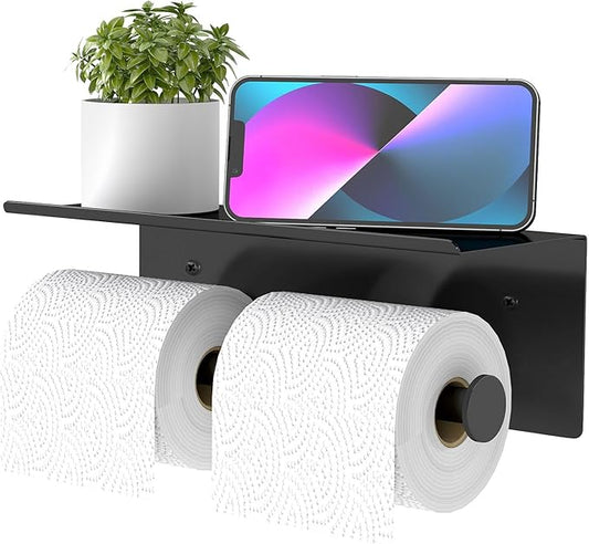 YUMORE Toilet Paper Holder, 304 Stainless Steel Bathroom Double Roll Tissue Holder with Shelf, Wall Mounted Washroom Dual TP Dispenser Storage（Black）