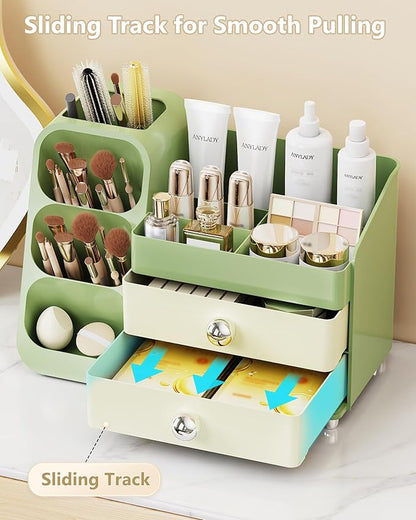 Anylady Makeup Organizer with Drawers, Skincare Organizer (Large Size Thick), Storage Box Cosmetic Display Cases, Make up Organizers for Vanity, Dresser, Desk, Kitchen, Countertop (green)