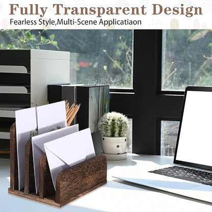 Wooden Mail Holder 3 Slots Mail Organizer for Desk Wood File Paper Letter Sorter for Letter Envelope Filing Cell Phone Document Storage, Organizer Tray for Office and Home (Dark Brown)