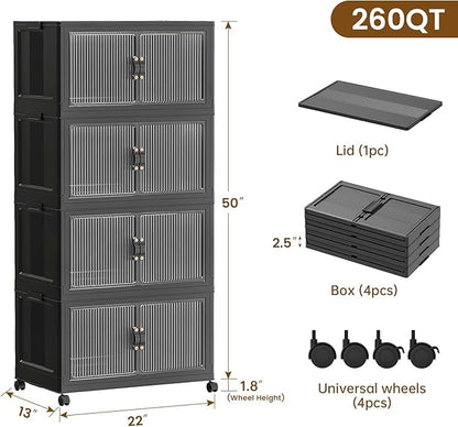 SAILUN 260Qt Stackable Storage Bins Folding Collapsible Storage Bins with Lid, Closet Organizers and Storage Box with Door Black 22" W x 13" D x 50" H