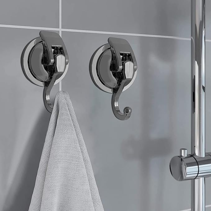 YSSILADI Heavy Duty Vacuum Suction Shower Hooks - Glass Suction Cup Hooks, Bathroom Robe Hooks, Reusable, No Hole Punched, for Garland Decoration (Silver Grey, 4 Pack)