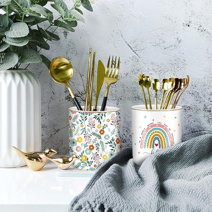 WAVEYU Pen Holder, Ceramic Durable Pencil Cup for Desk， Simple&Modern Style Makeup Organizer, Cute Multifunctional Office Supplies for Home, Kids and School, Rainbow Pattern