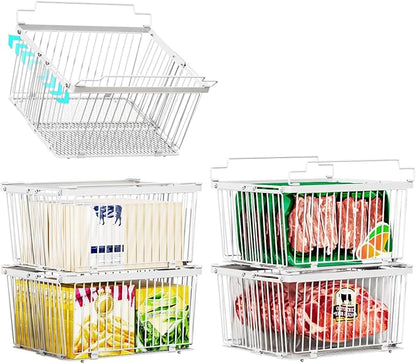 ANJUBAN Large Freezer Organizer Bins，Upgraded Bottom Leak-Proof net，Fit 5 to 9 Cu Ft Chest Freezer，5 Pack， Expandable Stackable Chest Freezer Containers with Handle (White-5P)