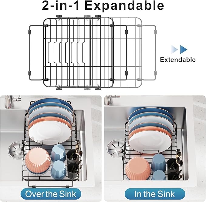 iSPECLE Expandable in Sink Dish Drying Rack - Adjustable Capacity Over The Sink Dish Drainer Drying Rack with Utensil Holder for Kitchen, 12.4"-17.1" L x 12.8" W, Black