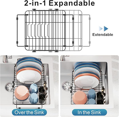 iSPECLE Expandable in Sink Dish Drying Rack - Adjustable Capacity Over The Sink Dish Drainer Drying Rack with Utensil Holder for Kitchen, 12.4"-17.1" L x 12.8" W, Black