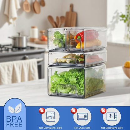 Pull Out Clear Fridge Organizer Drawers with Drainer, Refrigerator Stackable Storage Bins for Kitchen Fruit & Veggie Organization (Complete Set)