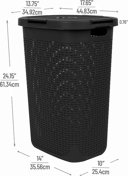 Mind Reader Slim Laundry Hamper with Lid, 60L Clothes Baskets, Premium Wicker Design, Plastic, 2-Pack, Black