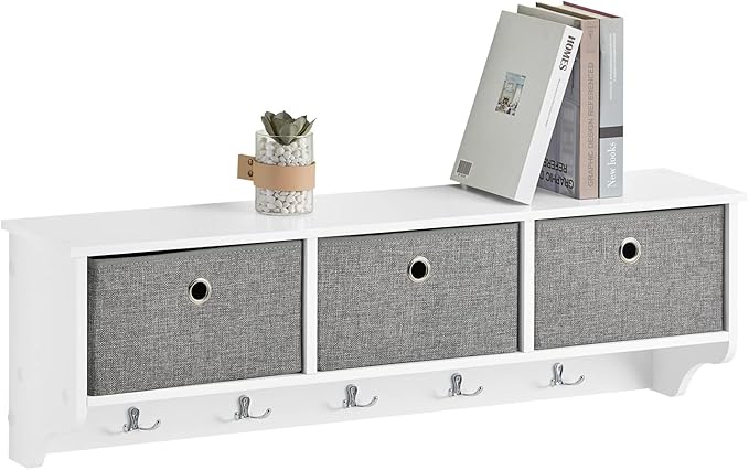 SoBuy Wall Shelf with Hooks, Coat Rack Wall Mounted with Shelf, Entryway Wall Cubby Storage Cabinet Unit with 3 Baskets 5 Hooks, Wihte, FRG282-W