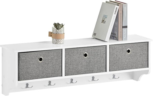 SoBuy Wall Shelf with Hooks, Coat Rack Wall Mounted with Shelf, Entryway Wall Cubby Storage Cabinet Unit with 3 Baskets 5 Hooks, Wihte, FRG282-W