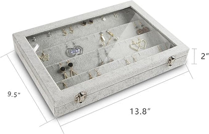 Frebeauty Earring Organizer Tray with Clear Lid 64 Slots Velvet Drawer Insert Earring Storage box with Transparent Glass lid Jewelry Display Case with lock Gifts for Girls Women (Grey, Earrings)