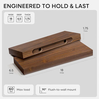 Homeforia Classic Walnut 18 inch Floating Shelf, High End Solid Real Wood Small 18inch Floating Shelves for Wall Mounted, 18in Floating Shelves, Heavy Duty Bracket, 18 X 6.5 X 1.75 inches, Set of 3