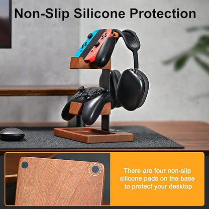 Solid Wood Controller Holder and Headphone Stand, Gaming Controller Stand for Desk, Dual Controller Organizer Rack, Fits Xbox, PS4, PS5, Gamepad, Headset Holder for Son, Husband, Boyfriend