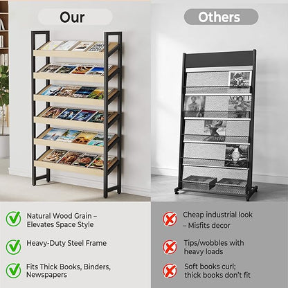 Floor-Standing Magazine Rack 6 tier, Newspaper Holder 38° Slant, Book Display Shelf, Brochure Display Stand for Exhibitions Shopping Malls Hospitals Offices School (Black)