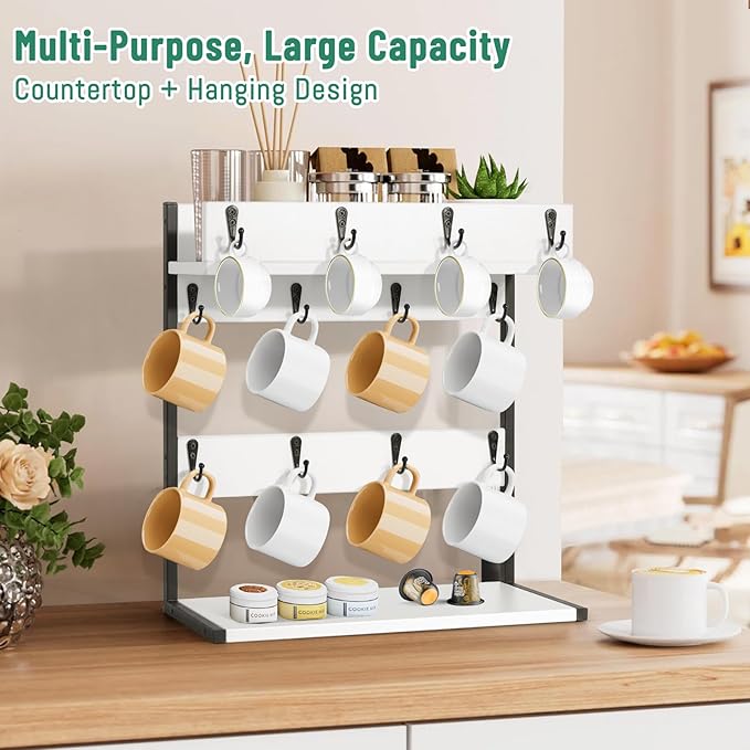 Coffee Mug Holder – 2 Tier Mug Rack Stand with Storage Base for 12 Cups – for Kitchen, Dining Room Counter & Wall Mounted Organizer & Coffee Bar Decor Accessories