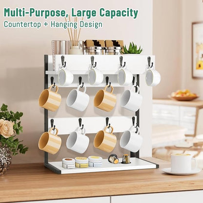 Coffee Mug Holder – 2 Tier Mug Rack Stand with Storage Base for 12 Cups – for Kitchen, Dining Room Counter & Wall Mounted Organizer & Coffee Bar Decor Accessories
