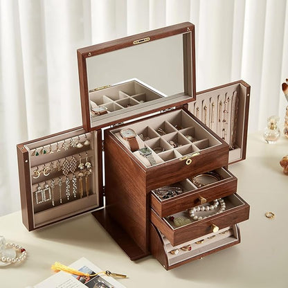 Homruilink Black Walnut Wooden Jewelry Box, Wood Jewelry Organizer with 2 Side Doors Mirror Lockable Classical for Watch Necklace Ring Earring Storage Christmas Gifts-4 Layer with Curved Ring Grooves