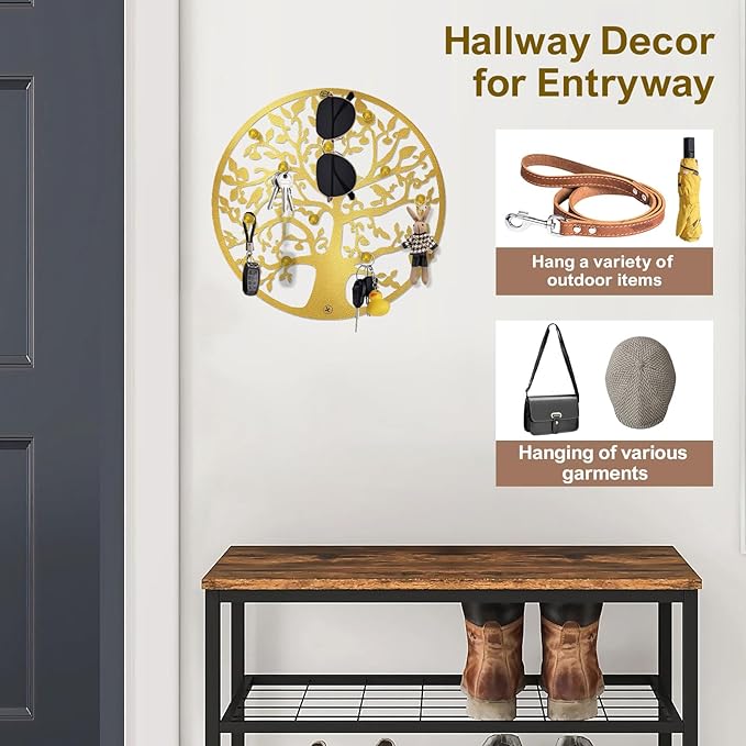 Round Decorative Home Key Holder Wall Mount, 2 Pack Metal Tree Car Key Rack for Wall Organizer for Keys, Wallets, Hats, Used for Decor for House Entryway, Kitchen, Garage, Office (12" Gold)