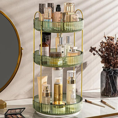 Satpurush 360° Rotating Makeup Organizer, 3 Tier Spinning Cosmetic Organizer for Vanity & Bathroom Countertop, Holds Tall Skincare Bottles, Perfume & Beauty Accessories – Clear Green