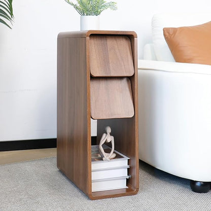 Narrow Nightstand Set of 2, Small Bedside Table, Slim Wood Bed Side Table, Mid Century Modern Night Stand with Slanted 2 Drawers, Walnut Nightstand for Bedroom, Skinny, Vintage
