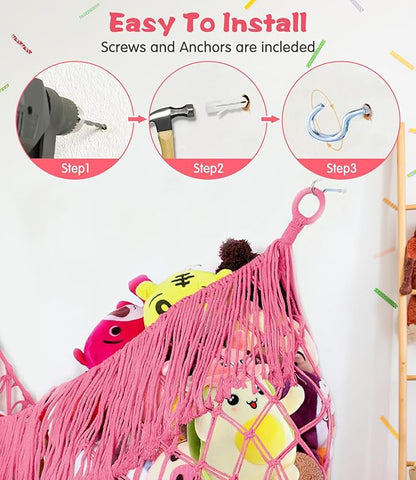 Stuffed Animal Hammock - Extra Large 63'' Long, Stuffed Animal Storage, stuffed animal Holder net, Hammock Large, Storage Hanging Organizer - Pink
