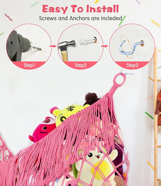 Stuffed Animal Hammock - Extra Large 56'' Long, Stuffed Animal Storage, stuffed animal Holder net, Hammock Large, Storage Hanging Organizer - Pink