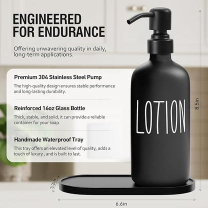 MOMEEMO Glass Soap Dispenser with Stainless Steel Pump, Contains Lotion Dispenser, Hand Soap Dispenser & Tray. (Black & White)