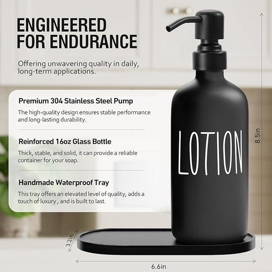 MOMEEMO Glass Soap Dispenser with Stainless Steel Pump, Contains Lotion Dispenser, Hand Soap Dispenser & Tray. (Black & White)