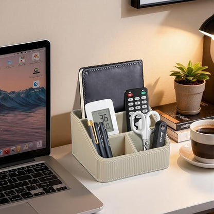 ACUDUDOMA PU Leather Remote Control Organizer Holder, 4-Compartment Small Desk Organizer, All-in-One Desk & Nightstand Caddy for Remotes, Phones, Glasses & Office Accessories