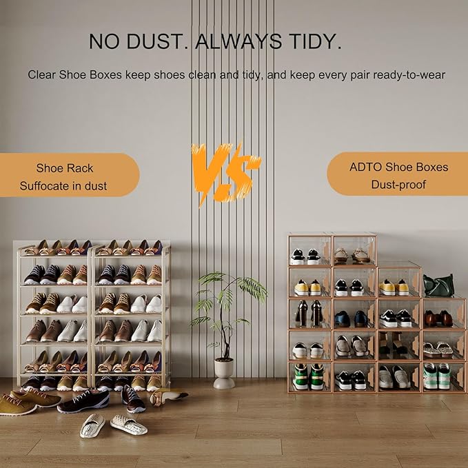 ADTO X-Large Stackable Shoe Boxes - Clear Plastic Shoe Storage Boxes with Magnetic Door, Thicken Shoe Organizer for Closet, Space Saving Foldable Shoe Containers Bins for Sneaker Boot - 6 Pack(Brown)