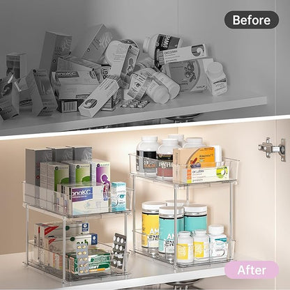 Delamu 2 Tier Snap-Lock Bathroom Under Sink Organizers and Storage, Multi-Purpose Cabinet Drawers with Movable Dividers, Pull Out Organization for Countertop, Kitchen and Pantry(Clear, 4 Pack)
