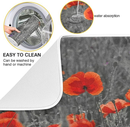 ZzWwR Beautiful Meadow Red Poppy Flowers Absorbent Dish Drying Mat Microfiber Kitchen Countertop Table Protector Multi-Purpose Counter Rack Sink Drainer Pad (16" x 18")