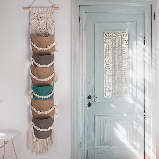 KaloKalo Macrame Cap Holder Boho Hat Hangers Over Door Ball Cap Rack Organizer Decorative Bohemian Handmade Woven Wall Hanging for Baseball Cap Display Decoration (Ivory, Up to 12 Caps)