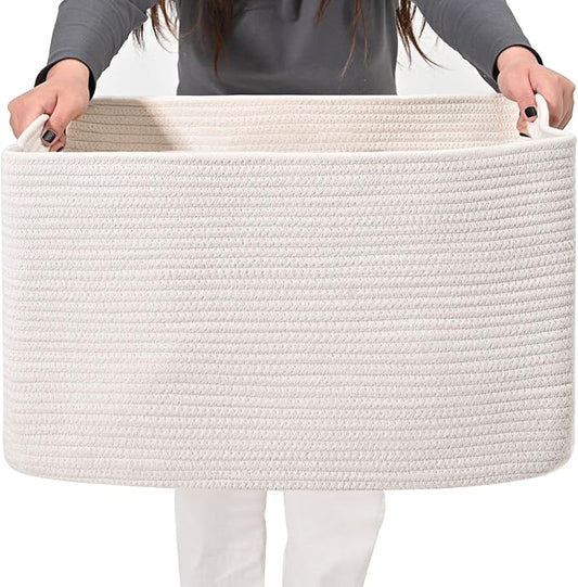 Large Rectangle Blanket Basket, Large Storage Basket, Cotton Rope Woven Baskets for Storage with Handles, Toy Baskets for Baby Nursery Living Room Bedroom, 22”x17”x12”, White, 75L