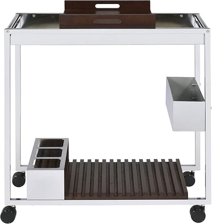 Lisses Chrome Finish Modern Bar Cart with Wood Shelves, Metal Frame, Wine Rack Storage, 30x16x31 Inch, Rolling Wheels, Walnut