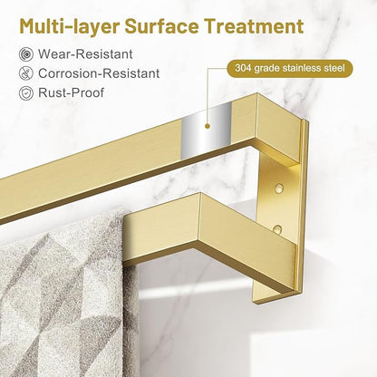 TNOMS Double Towel Bar,Towel Rack for Bathroom Stainless Steel Wall-Mounted Bathroom Hardware Brushed Gold 24 Inch Bathroom Accessories