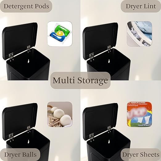 Magnetic Lint Bin for Laundry Room, Metal Trash Can with Lid for Dryer, Farmhouse Lint Holder, Laundry Co Sign, Laundry Room Storage Decor with Dryer Lint Brush (Black-Dryer Ball Set)