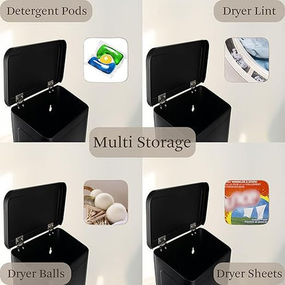 Magnetic Lint Bin for Laundry Room, Metal Trash Can with Lid for Dryer, Farmhouse Lint Holder, Laundry Co Sign, Laundry Room Storage Decor with Dryer Lint Brush (Black-Dryer Ball Set)