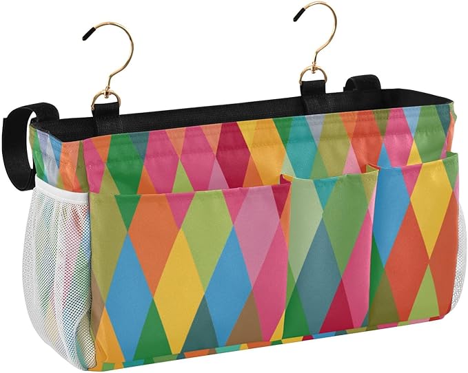 CuwrYet Bedside Caddy Hanging Bunk Bed Caddy Bed Organizer Hanging Pocket with 2 Hooks Bedside Storage Organizer Pocket Bag Holder Pink Green Argyle