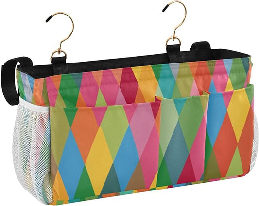 CuwrYet Bedside Caddy Hanging Bunk Bed Caddy Bed Organizer Hanging Pocket with 2 Hooks Bedside Storage Organizer Pocket Bag Holder Pink Green Argyle