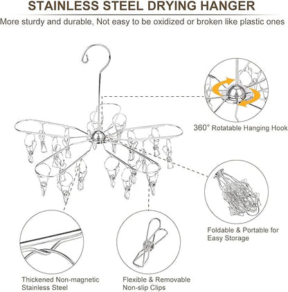 Foldable Clothes Drying Hanger Stainless Steel Laundry Drying Rack with 20 Clips, Sock Dryer Hanger for Hanging Underwear, Towels, Baby Clothes, Lingerie, Bra, Hat, Scarf, Gloves, Diapers