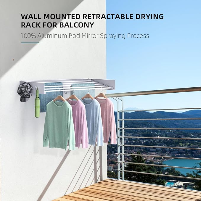 Drying Rack Clothing,Clothes Drying Rack Wall Mounted,Laundry Drying Rack Wall Mount,Foldable,Collapsible,60 lb Capacity 5 Aluminium Poles with 6 Hooks (White, 31.5'')