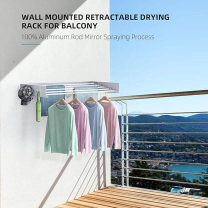 Drying Rack Clothing,Clothes Drying Rack Wall Mounted,Laundry Drying Rack Wall Mount,Foldable,Collapsible,60 lb Capacity 5 Aluminium Poles with 6 Hooks (White, 31.5'')